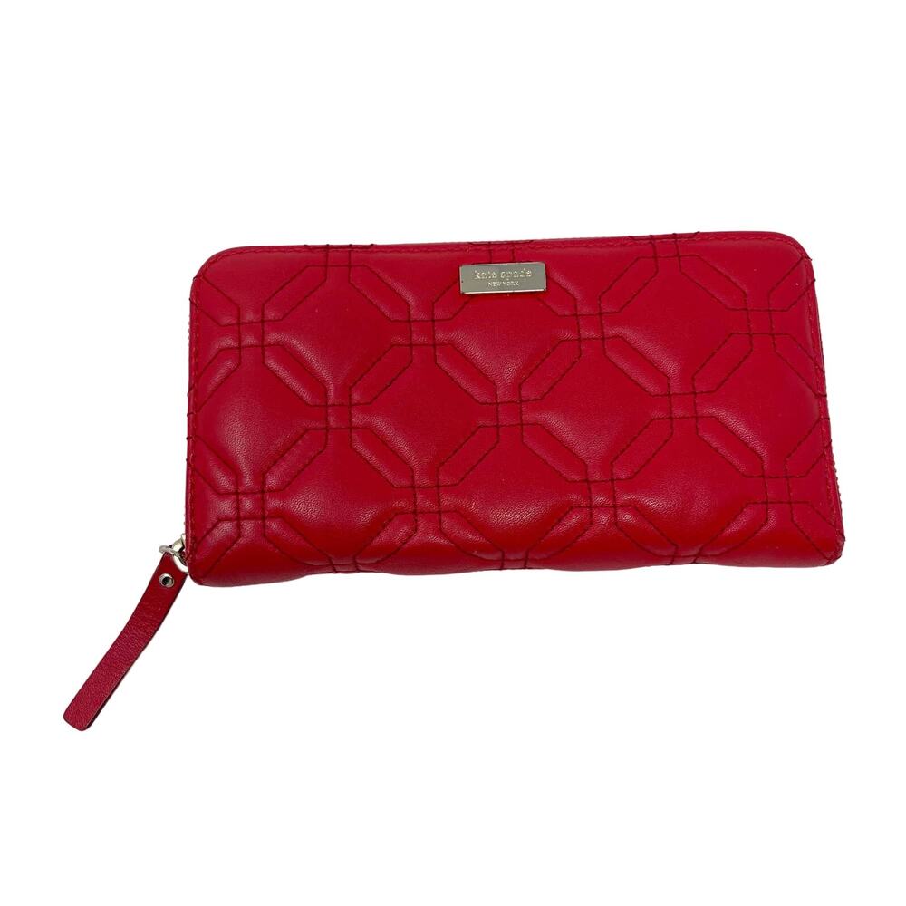Kate Spade Red Leather Quilted Astor Court Neda Wallet Accordion Zip Around